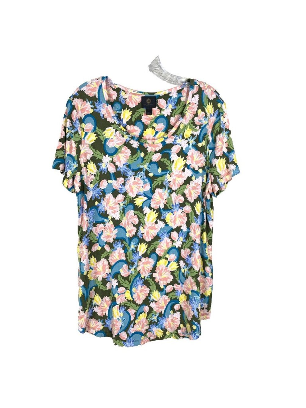 JM Collection Womens L Short Sleeve Knit Top Tunic Floral Rayon Stretch Colorful